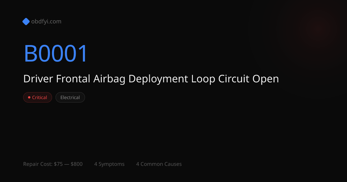 B0001: Driver Frontal Airbag Deployment Loop Circuit Open | OBD Codes