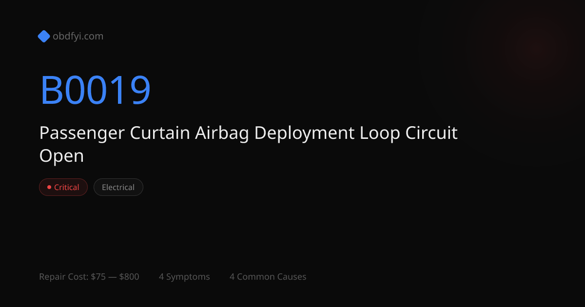 B0019: Passenger Curtain Airbag Deployment Loop Circuit Open | OBD Codes
